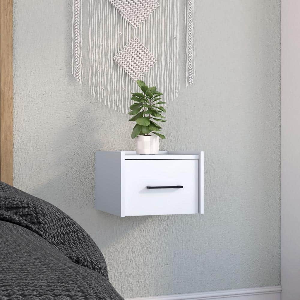 Wall-Mounted Floating Nightstand with Drawer - Space-Saving White End Table for Bedroom