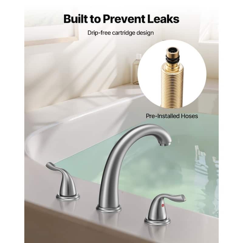Brushed Stainless Steel Roman Tub Faucet with Dual Handles, 3-Hole Deck Mount Drip-Free Design - 6.69” x 2.05” x 9.84”