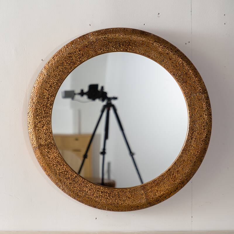 31.3" Hammered Gold Round Wall Mirror - Iron Frame & MDF Back Decorative Mirror, Rustic Accent Mirror - Golden