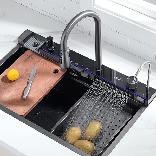 slide 2 of 41, Lefton 304 Stainless Steel Waterfall Kitchen Sink Set with Pull-down Faucet KS2206 (Series) 29.5" x 18.25"