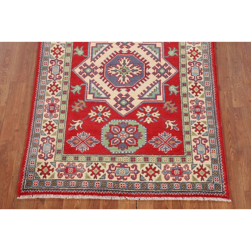 Red Kazak Oriental Foyer Rug Hand-Knotted Wool Carpet - 3'3" x 4'10"