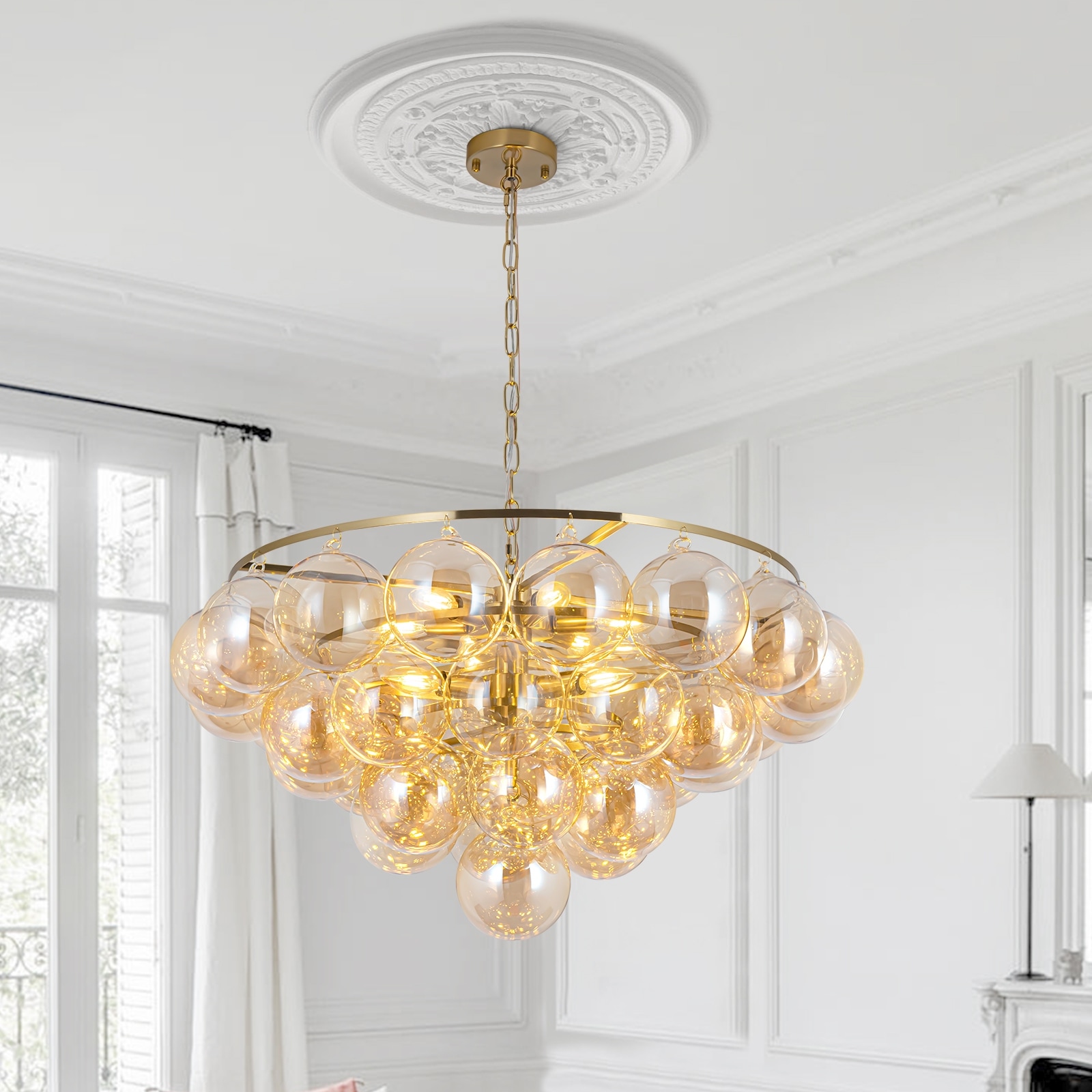 Modern Glam 9-Light Cluster Bubble Chandelier With 34 Amber Glass