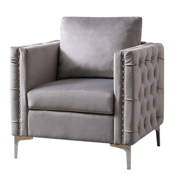 Accent Chair with Pillow Back and Button Tufted Design, Gray Bed Bath