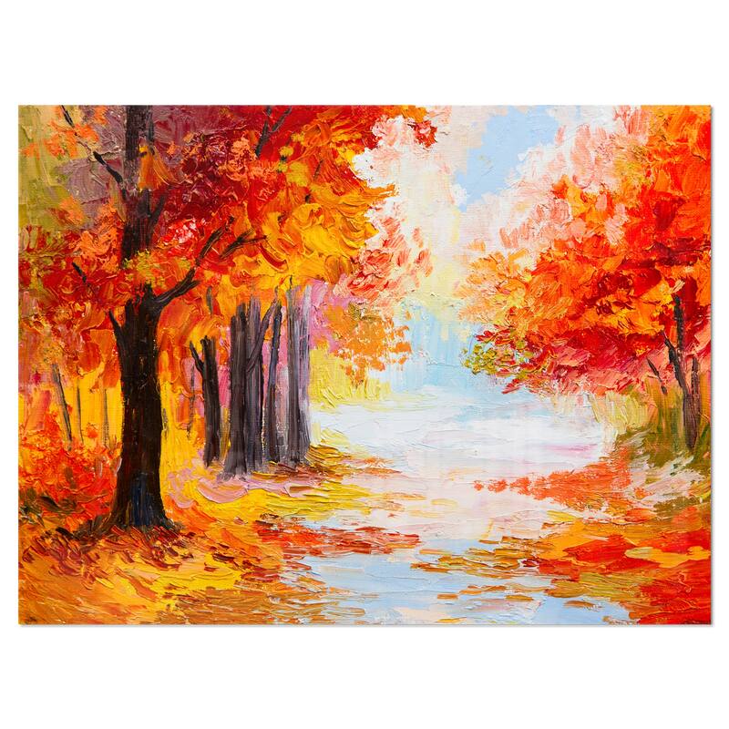 Designart 'Orange Forest in Autumn' Landscape Metal Wall Art - 40 in. wide x 30 in. high - 1 panel