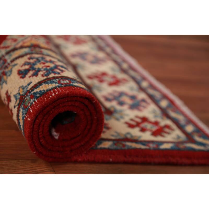 Red Geometric Kazak Oriental Foyer Rug Hand-Knotted Wool Carpet - 2'9"x 4'6"