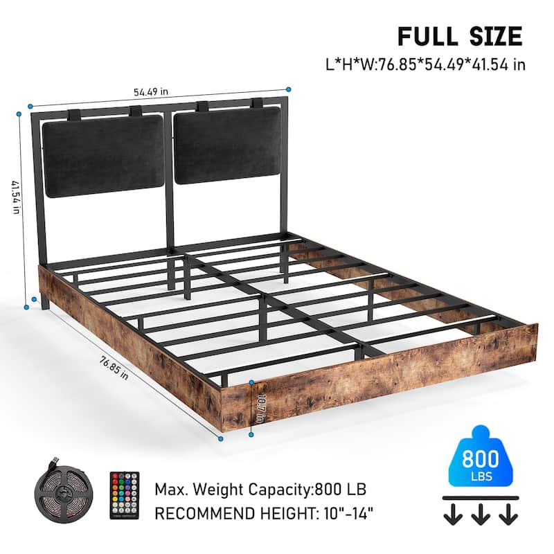 Floating Bed Frame with RGB LED Light Strip & Velvet Upholstered Hanging Headboard, Noise-Free Metal Slats Support, Black Brown