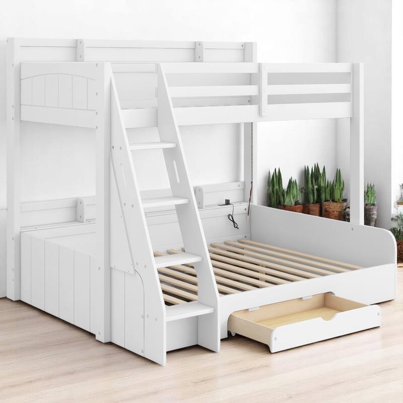 Twin Over Full Bunk Bed with Storage Shelves, LED Lights, Charging Station, and Drawer, kid bed,Storage bed