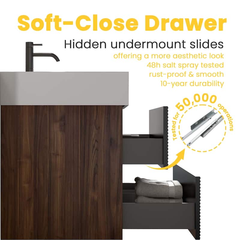 Wall Mounted Bathroom Vanity with Solid Surface Sink and Soft Drawers