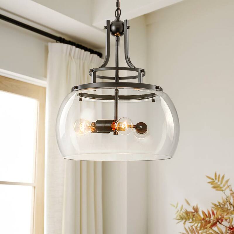 15.9" W 3-Light Modern Farmhouse Matte Black Pendant light with Clear Glass Dome Shade for Kitchen Island, Dining Room, Foyer