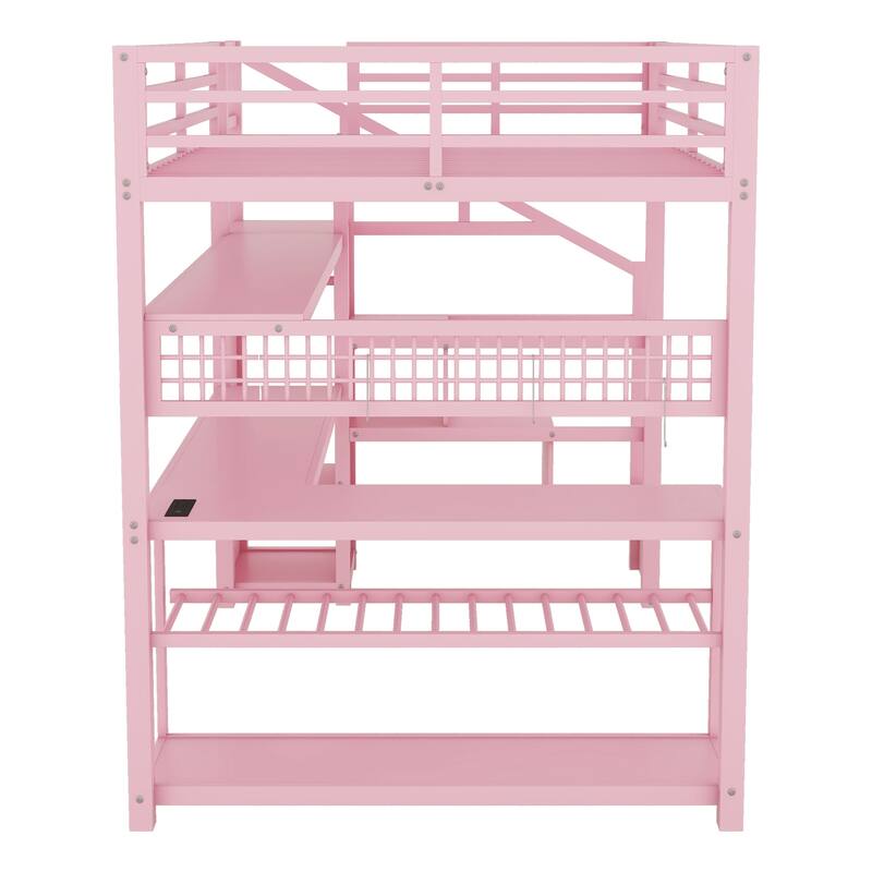 Full Size Metal Loft Bed with Staircase, Wardrobe, Desk, Storage Shelves, LED Lights, and Charge Station, Pink
