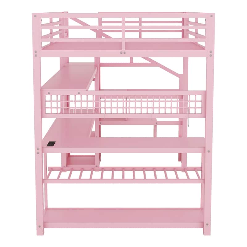 GDF Studio - Bayard Modern Full Size Metal Loft Bed with Staircase, Desk, Storage & LED Lights