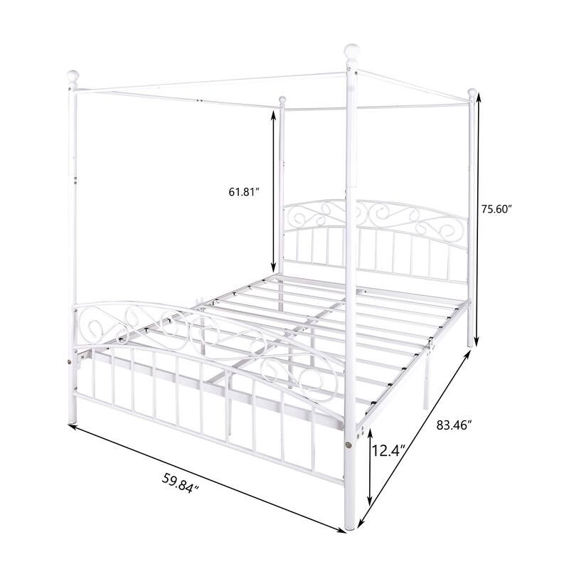 Metal Canopy Bed Frame with Ornate European Style Headboard & Footboard