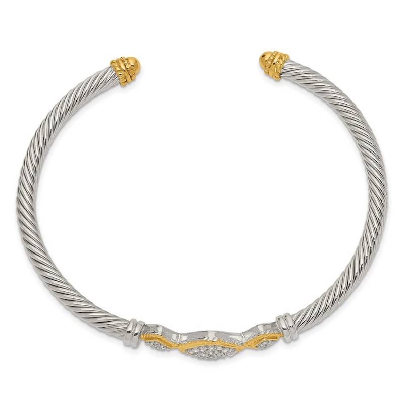 Curata 925 Sterling Silver Two-tone 12mm Cubic Zirconia Art Deco Rope Design Cuff Bangle