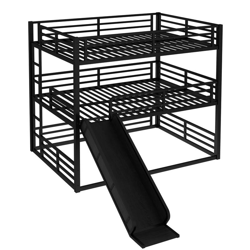Queen over Queen over Queen Bunk Bed with Slide, Metal Triple Bunk Bed with Safety Guardrails, Noise-reduced Design, Black