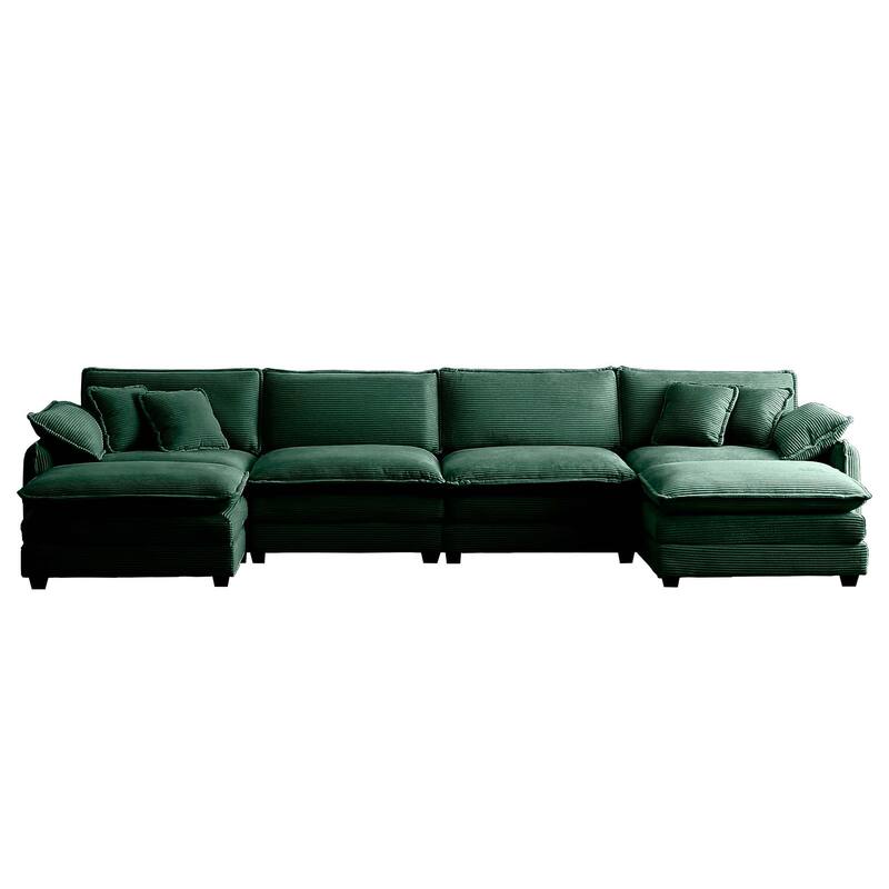 Green 6-Piece Oversized Corduroy U-Shaped Modular Sectional Sofa with Ottomans