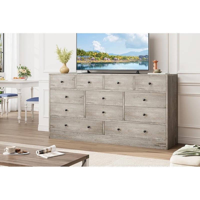 12 Drawer Dresser for Bedroom, 61 Inch Wood Dresser with Power Outlet