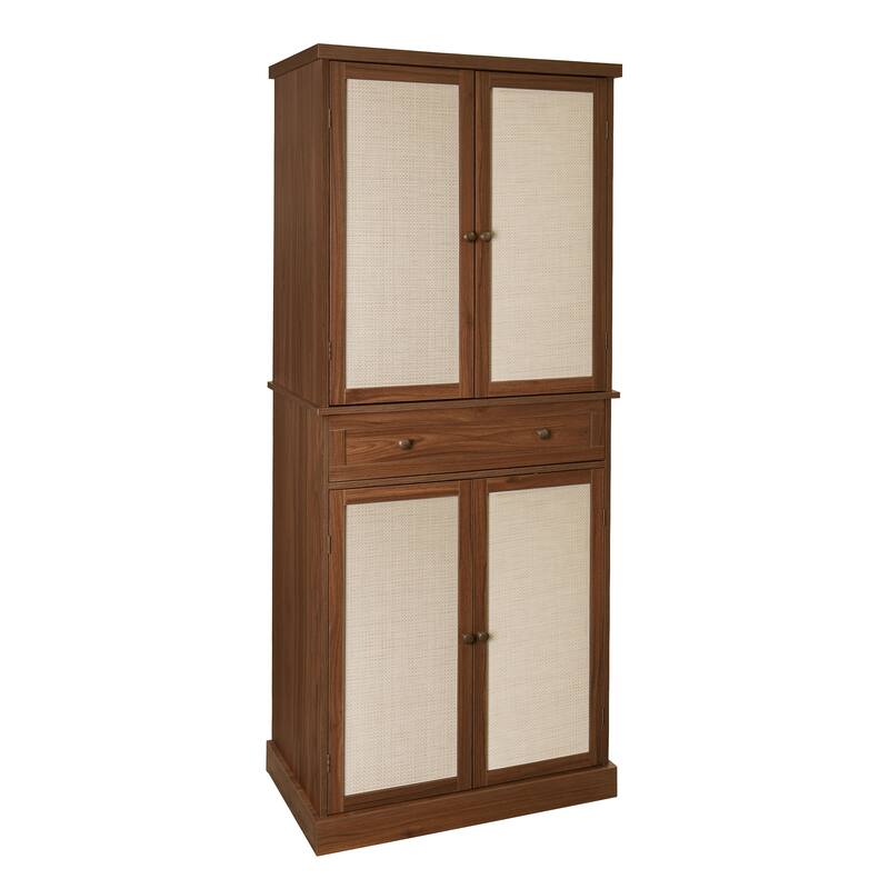 Pantry Cabinet with 4 Rattan Doors & 1 Drawer, Buffet Cabinet with Adjustable Shelves, Freestanding Wooden Storage Cabinet
