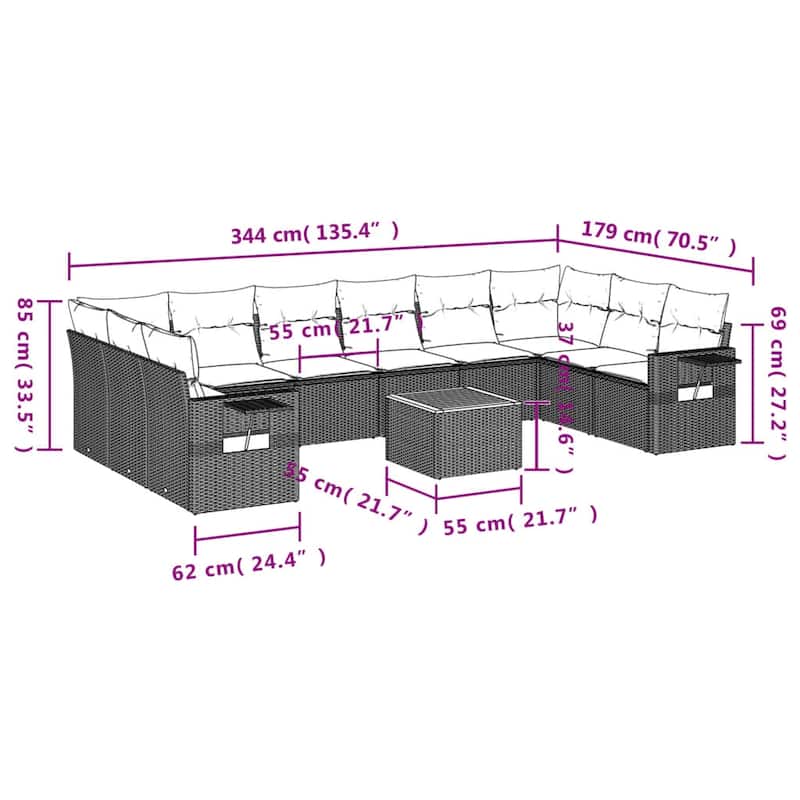 vidaXL 11 Piece Patio Sofa Set with Cushions Black Poly Rattan - 24.4" x 24.4" x 27.2"