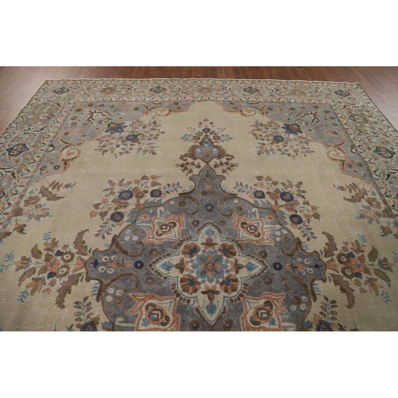 Distressed Tabriz Vintage Persian Area Rug Handmade Wool Carpet - 9'9" x 12'6"