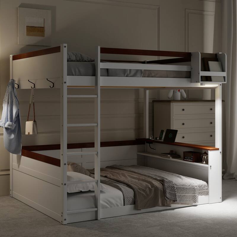 Queen Size Pinewood Bunk Bed with Built-in Shelves, Storage Box, LED Lights and USB Charging Station