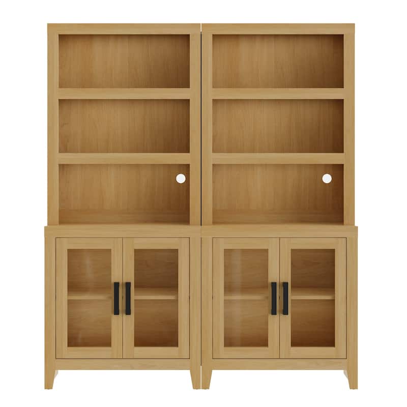 WAMPAT 3 Tier Bookshelf with Glass Door, 74" Tall Bookcase with Adjustable Shelf and Storage Cabinet, Farmhouse Wooden Bookshelf