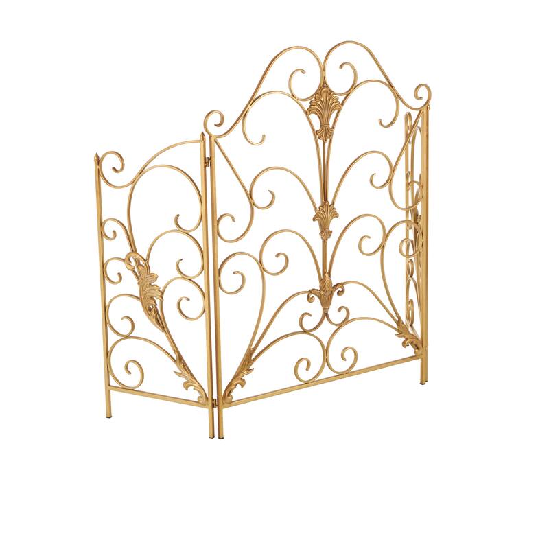 Gold Metal Foldable 3 Panel Scroll Living Room Fireplace Screen with Fleur De Lis Accents