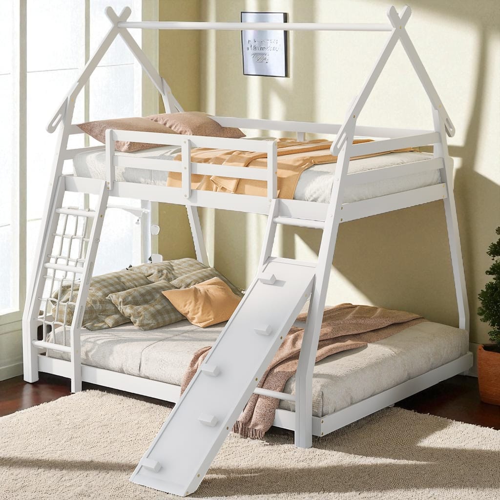 Twin over Queen House Bunk Bed with Climbing Nets, Ramp, Guardrails & Solid Pine Wood Frame