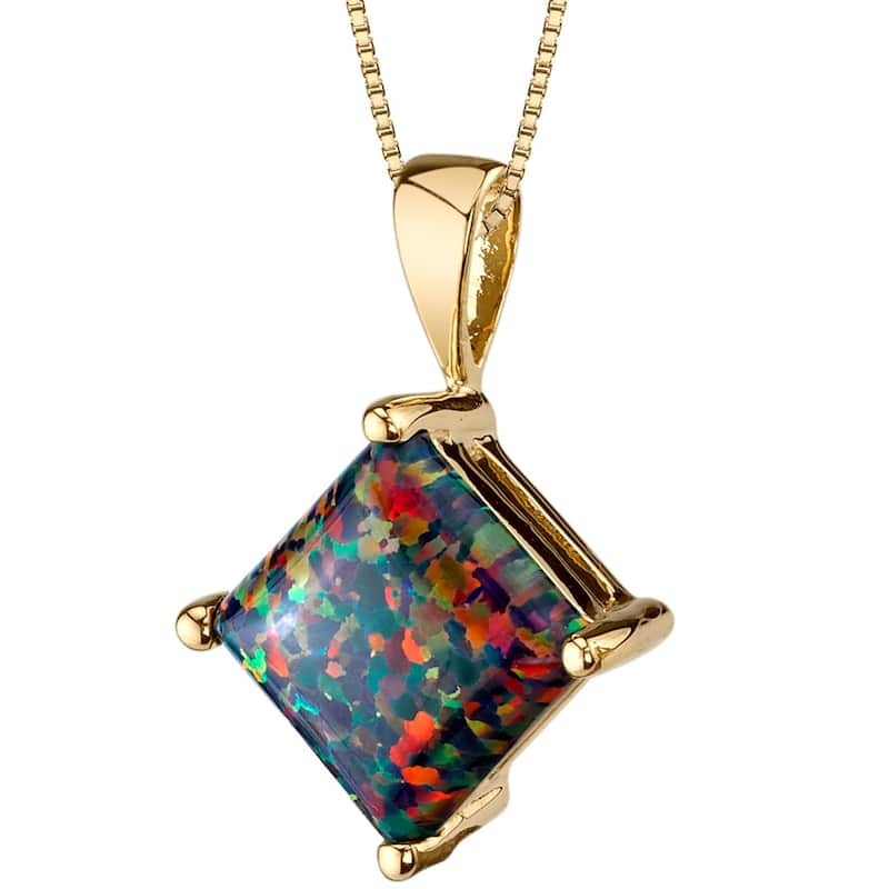 14k Yellow Gold Gold Princess Cut Created Black Opal Pendant