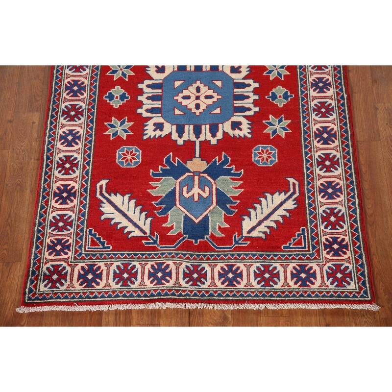 Geometric Red Kazak Accent Rug Handmade Traditional Wool Carpet - 3'4"x 4'11"
