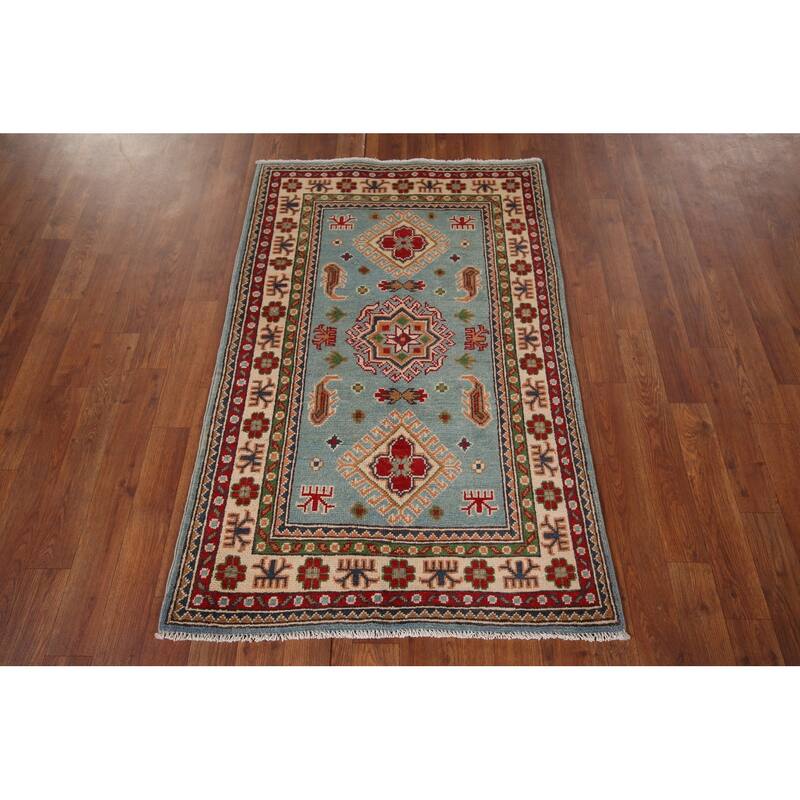 Light Blue Geometric Kazak Accent Rug Hand-Knotted Foyer Wool Carpet - 2'8" x 4'3"