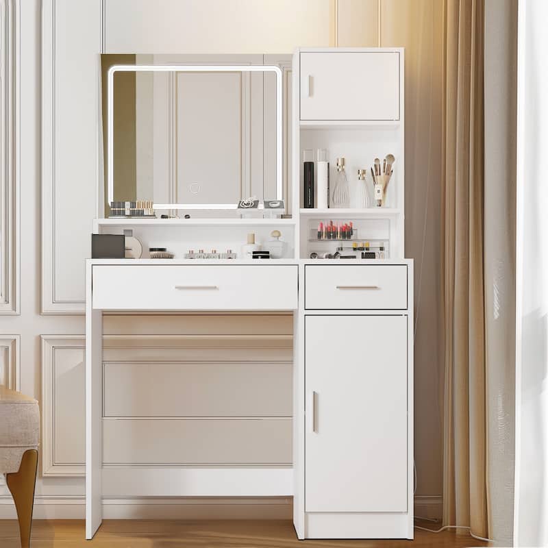 Modern Vanity Desk with Mirror, LED Light Strip and Storage