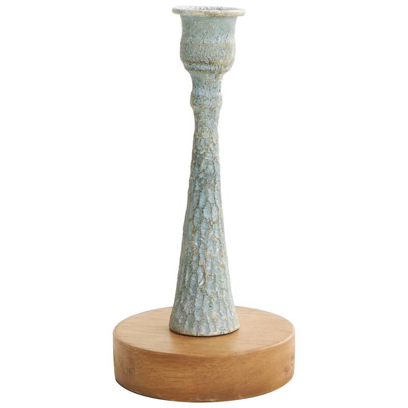 Cream or Light Blue Metal Textured Tapered Candle Holder with Brown Wood Bases (Set of 2)