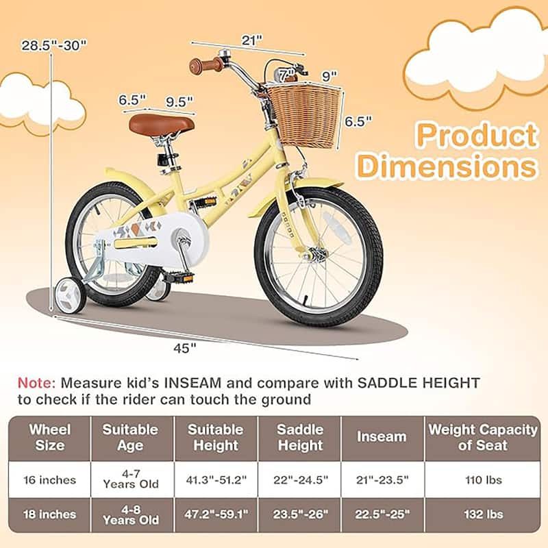 18" Kids Bike w/ Adjustable Height Handlebar Seat & Training Wheels