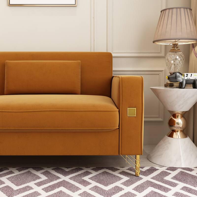 86-inch 2-seat Velvet Square Arm Upholstered Sofa with Two Waist Pillows