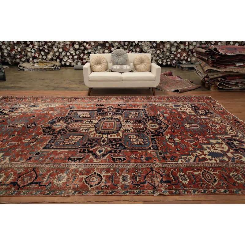 Hand Knotted Oriental 100% Wool Carpet Traditional Medallion Oranges & Rust Heriz (serapi) Area Rug - 14' 3'' X 10' 2''