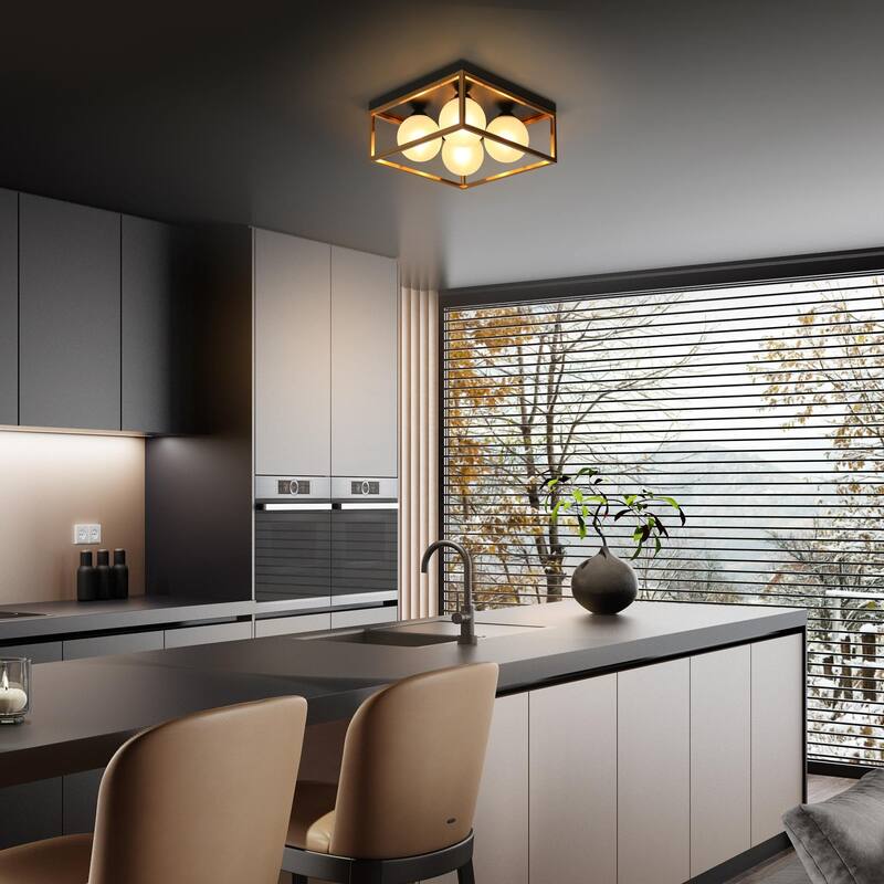 Modern Black Gold 4-Light Square Frosted Glass Flush Mount Ceiling Lights for Kitchen - 14" L x 14" W x 6.5" H