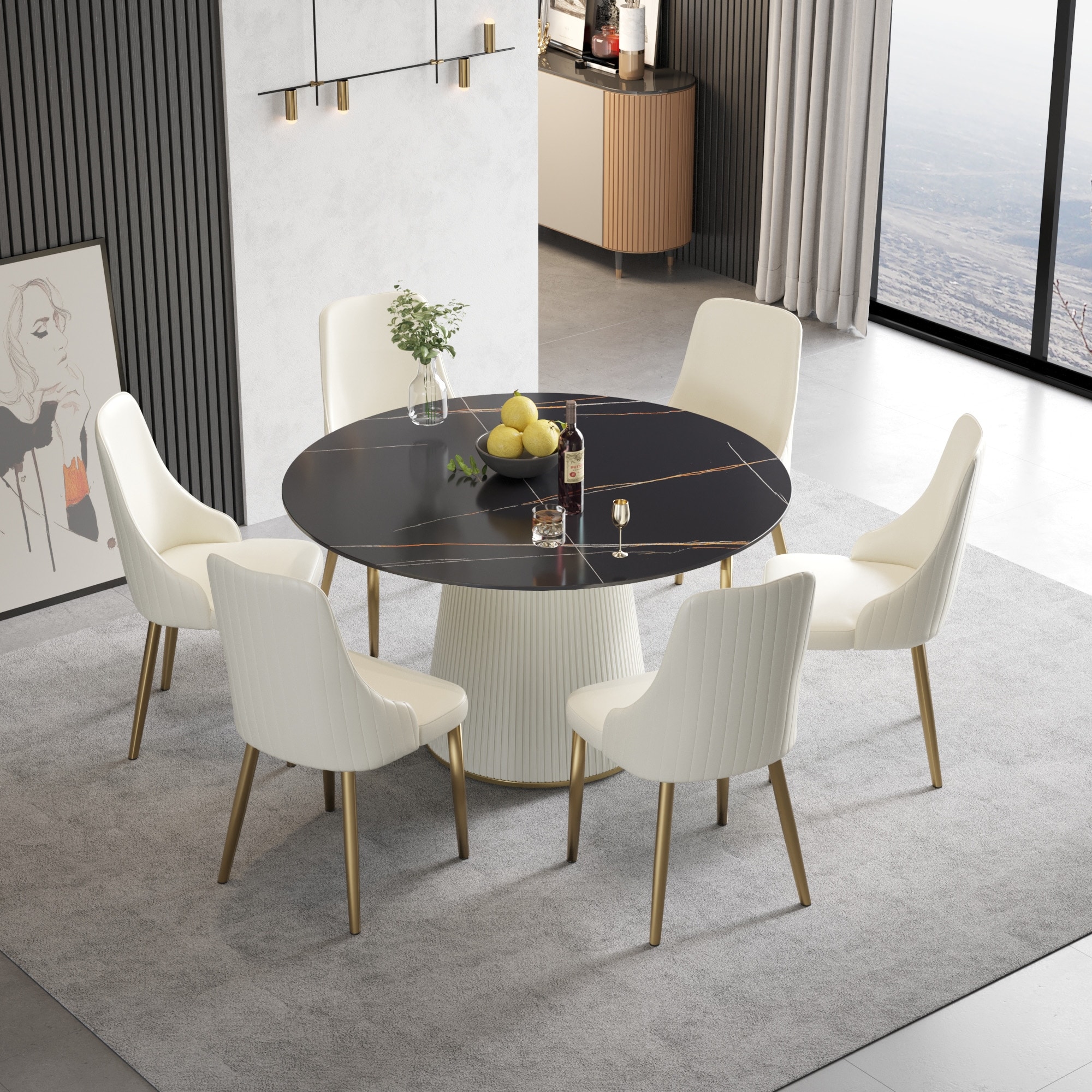 Marble Dining Table, 53" Modern Mid-Century Round Kitchen Table for 6 with Round White Wood Legs