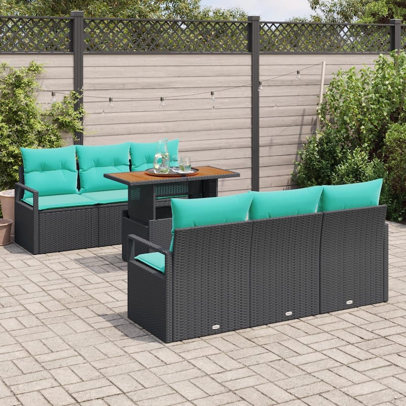 vidaXL 7 Piece Garden Sofa Set with Cushions Black Poly Rattan - 68.9×24.4×27.2