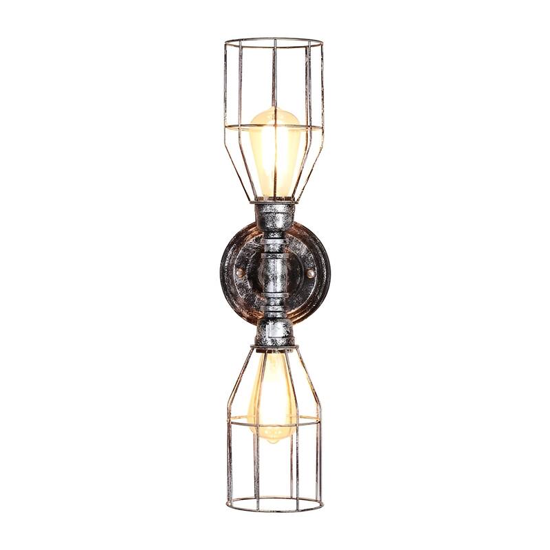 2-Light Water Pipe Wall Sconce with Metal Cages - Antiqued Vintage Industrial Light