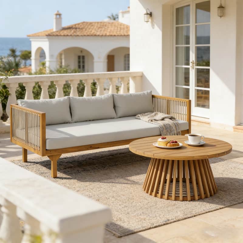 Christopher Knight Home - Acacia Wood Outdoor Patio Sofa with Rope Design - Teak Finish+Light Gray Cushion+Light Brown rope