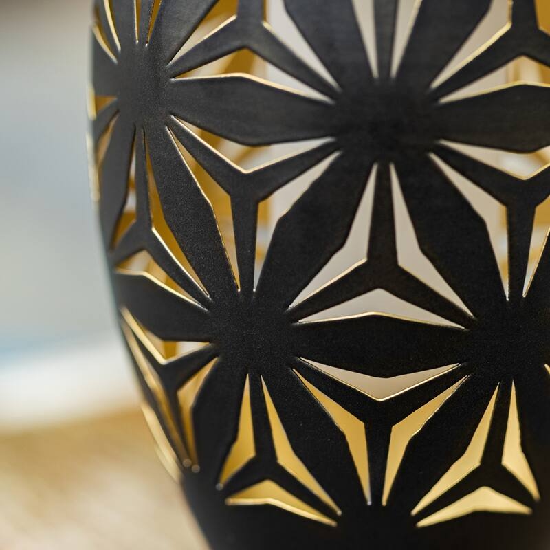 Glitzhome 8.75"H Set of 2 Black Metal Cutout Geometric Pattern Solar Powered Outdoor Lantern with LED Light