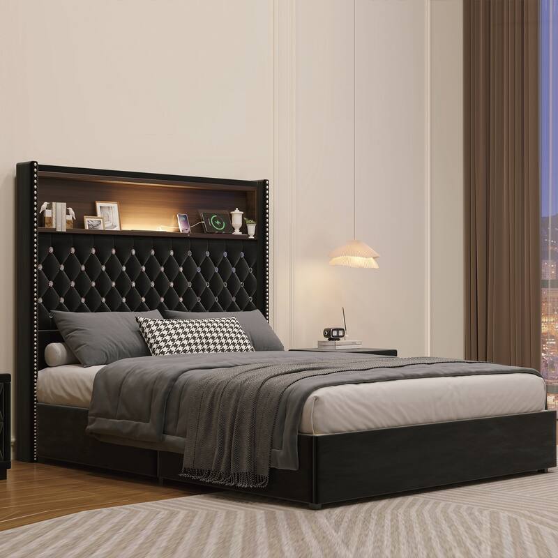 Full Size Tufted Soft Bed Frame with USB Port and Night Light - Black