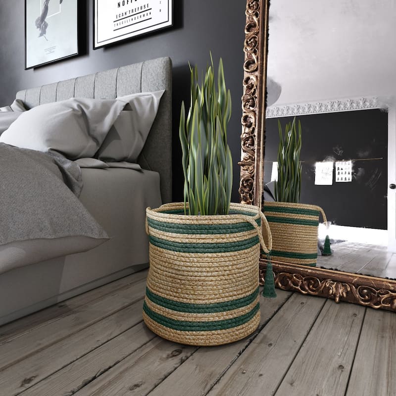 Sevita Double Striped Jute Hand-Stitched Storage Basket with Handles