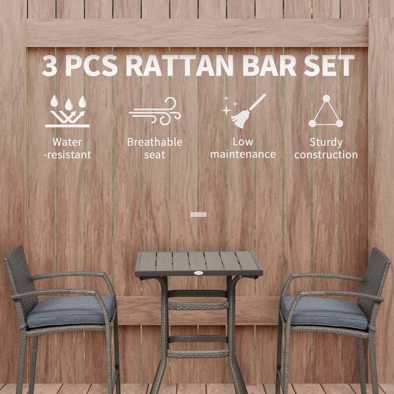 3-Piece Outdoor Wicker Bar Set with Wood-Grain Slatted Table and Cushioned High Back Stools, Weather-Resistant Patio Furniture