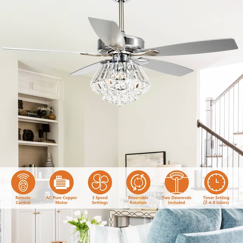 Modern Chrome 52-inch Crystal Chandelier Ceiling Fan with Remote