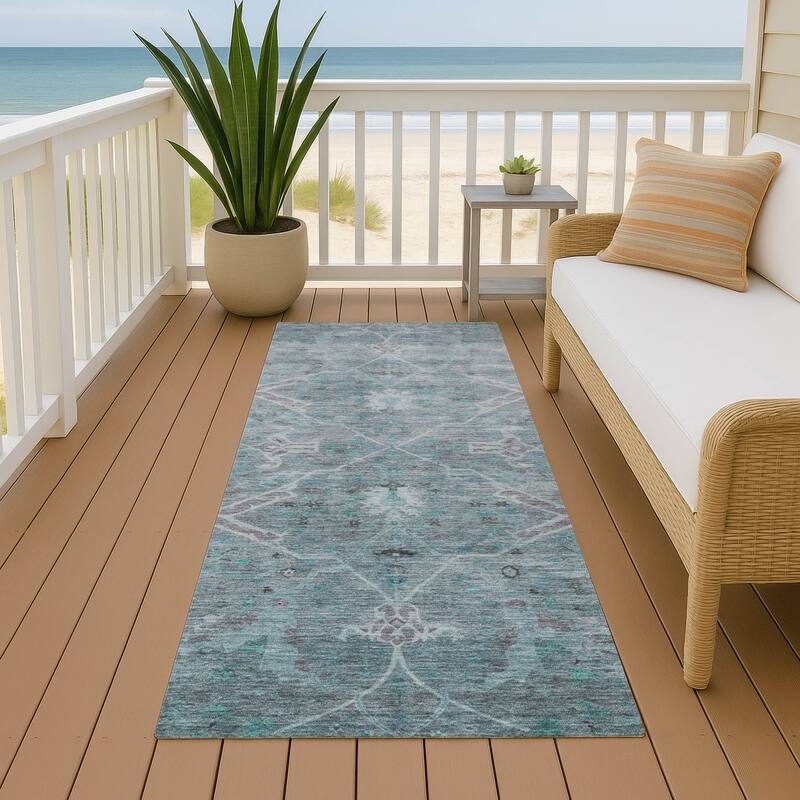 Machine Washable Indoor/ Outdoor Vintage Traditional Chantille Rug - Teal - 2'3" x 7'6"