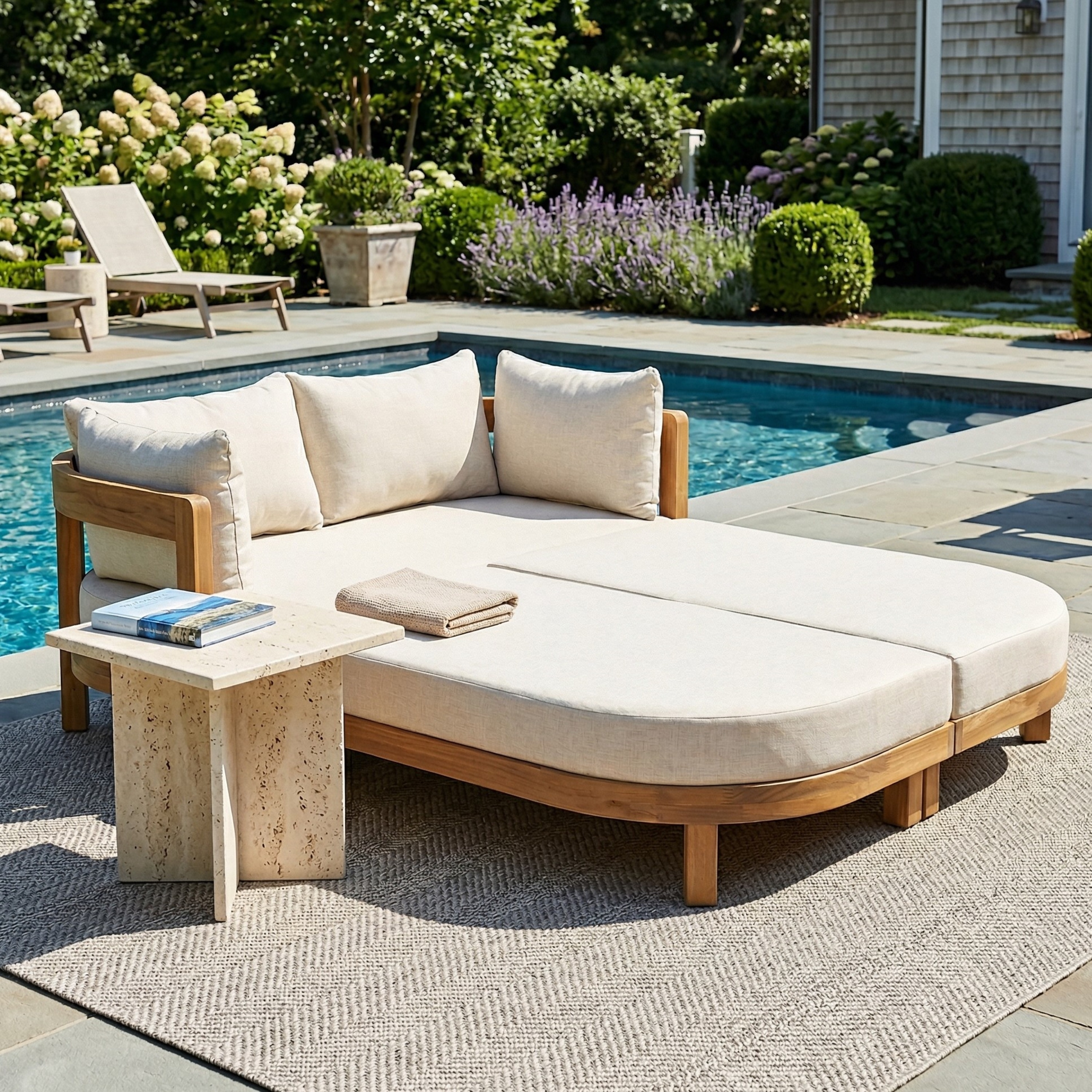 Christopher Knight Home - Outdoor Acacia Wood Patio Curved Frame Lounge Sofa Daybed with Cushions and Pillows
