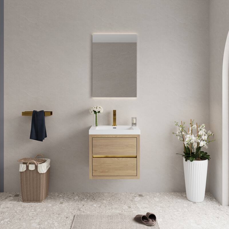 Wall-Mounted Bathroom Vanity with Stone Resin Top - 23.62'' x 19.69'' x 22.44'' - Natural Oak