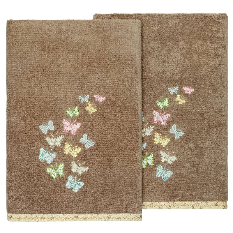 Authentic Hotel and Spa 100% Turkish Cotton Mariposa 2PC Embellished Bath Towel Set - Cocoa
