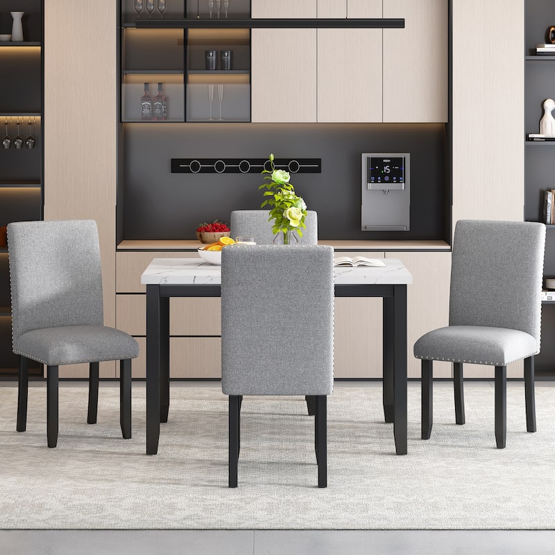 5-Piece Dining Table Set for 4, Marble Dining Table with 4 Upholstered Chairs